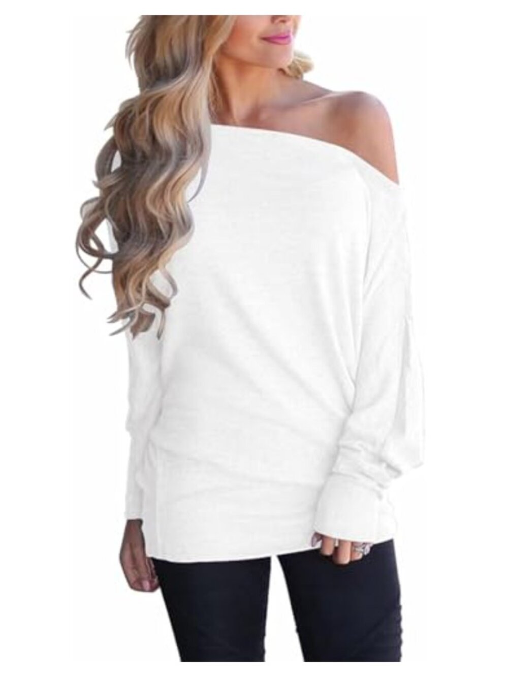 Off Shoulder Long Sleeve Top Women Cotton Batwing Tunic Oversized Tee